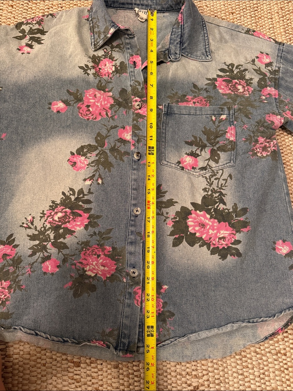 Floral Denim Button-Up Jean Shirt with Pink Roses. Rustic western cowgirl rodeo - Picture 5 of 8
